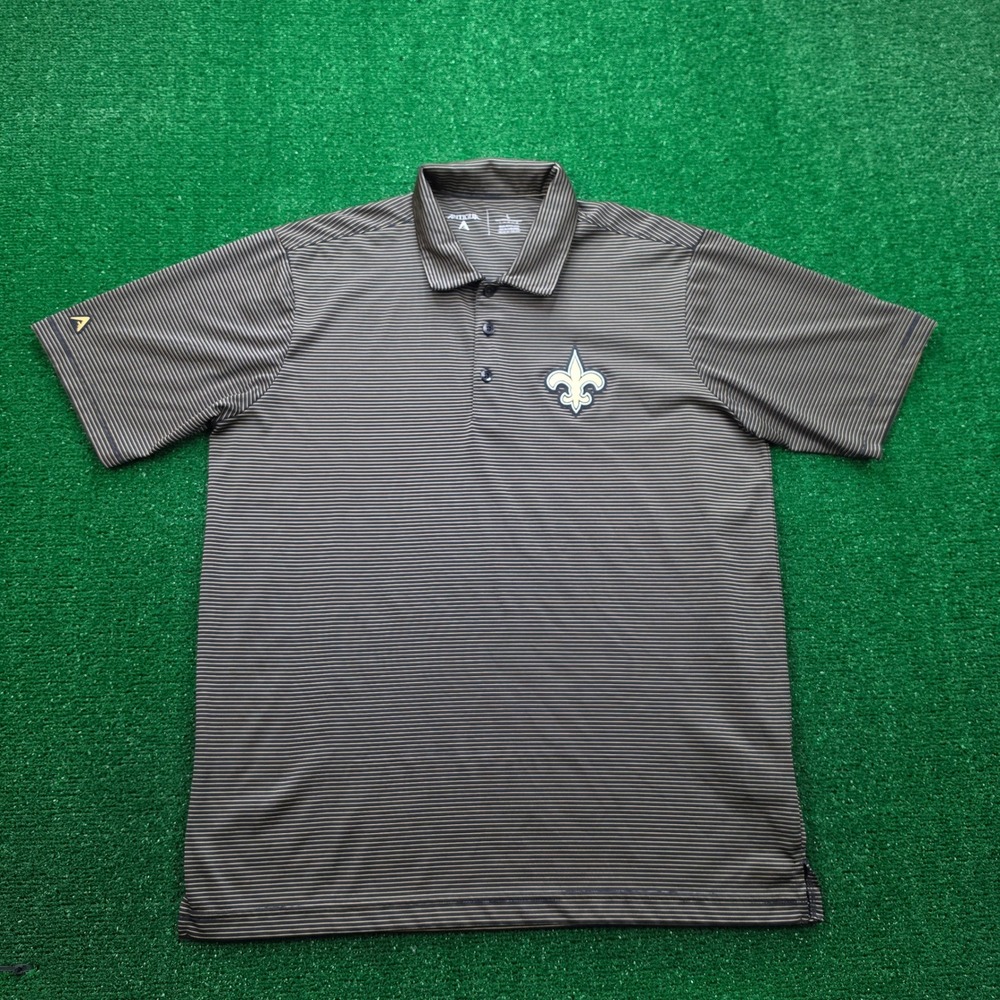 New Orleans Saints Antigua NFL Polo Shirt Mens Large Black Striped Golf Casual
